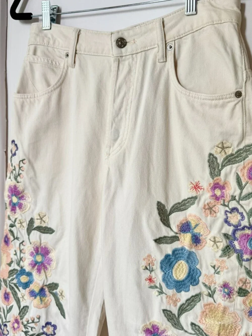 Free People We The Free Willow Floral Embroidery Jeans Cream 27